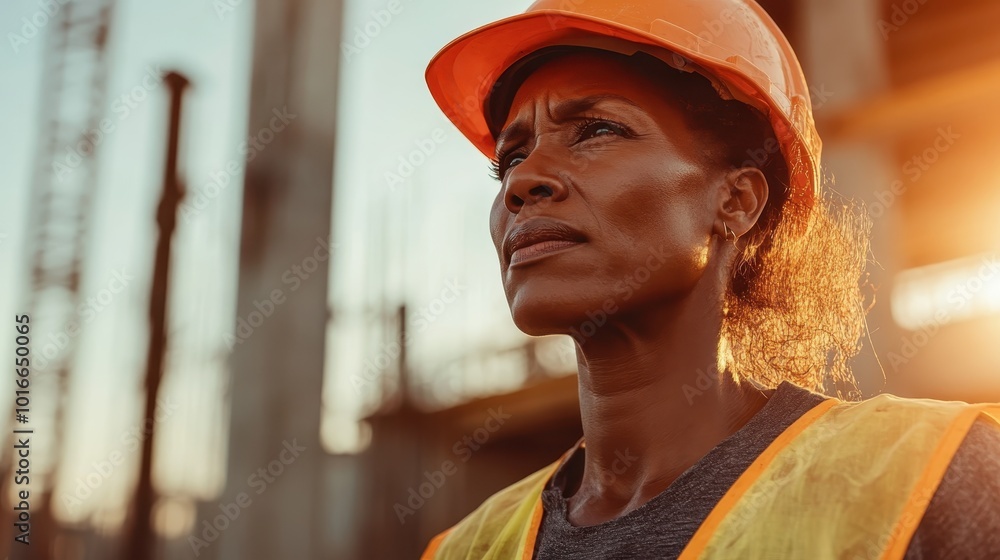 An engineer in safety gear surveys a construction site during golden hour, conveying focus and dedication amid the structural backdrop of a building site. An engineer in safety gear surveys a construction site during golden hour, conveying focus and dedication amid the structural backdrop of a building site.