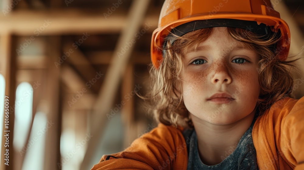 A child wearing construction gear intently observes a construction site, emulating curiosity and the wonder of a future generation in a vibrant environment. A child wearing construction gear intently observes a construction site, emulating curiosity and the wonder of a future generation in a vibrant environment.