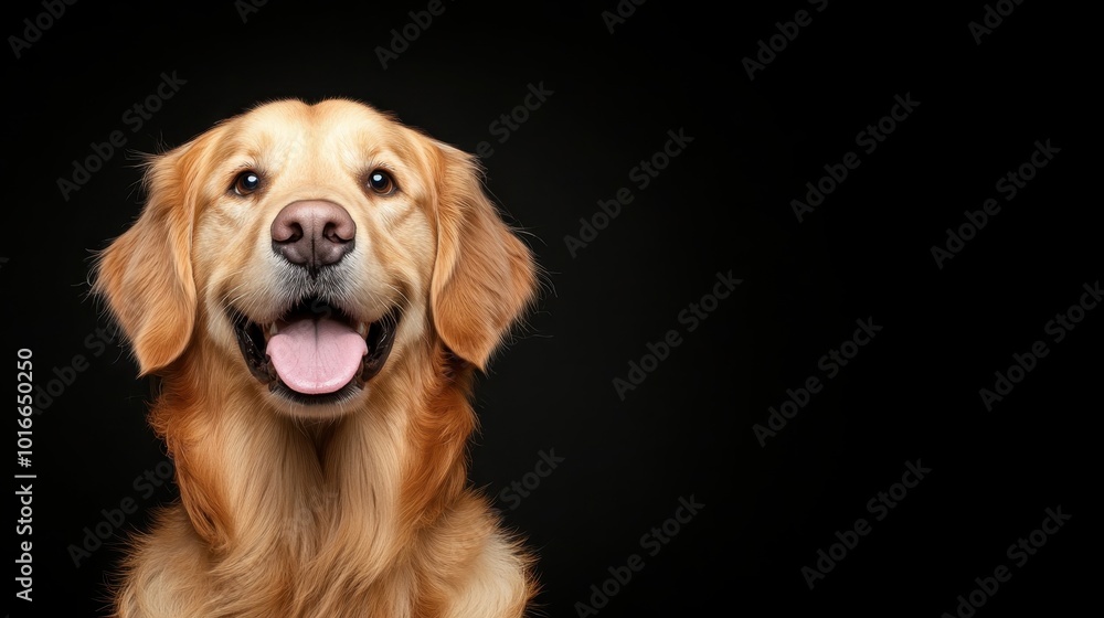 Obraz premium An endearing golden retriever sits joyfully with its tongue playfully sticking out, exuding friendliness and warmth against a minimalist dark background.