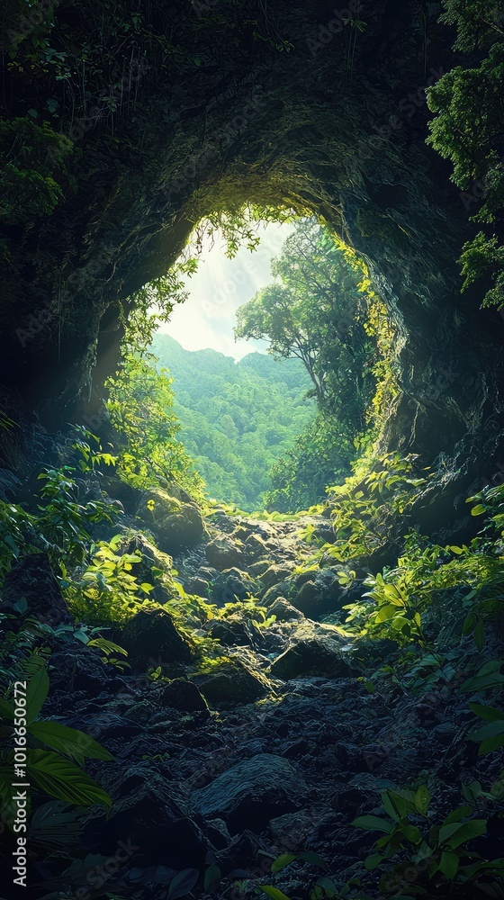 A serene cave entrance revealing vibrant greenery and sunlight, inviting exploration and tranquility in nature. A serene cave entrance revealing vibrant greenery and sunlight, inviting exploration and tranquility in nature.
