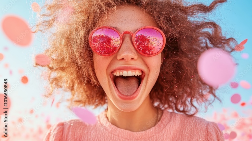 This image captures a lively woman in pink sunglasses with messy hair, drenched in vibrant pink confetti, expressing unrestrained energy and an exuberant personality. This image captures a lively woman in pink sunglasses with messy hair, drenched in vibrant pink confetti, expressing unrestrained energy and an exuberant personality.