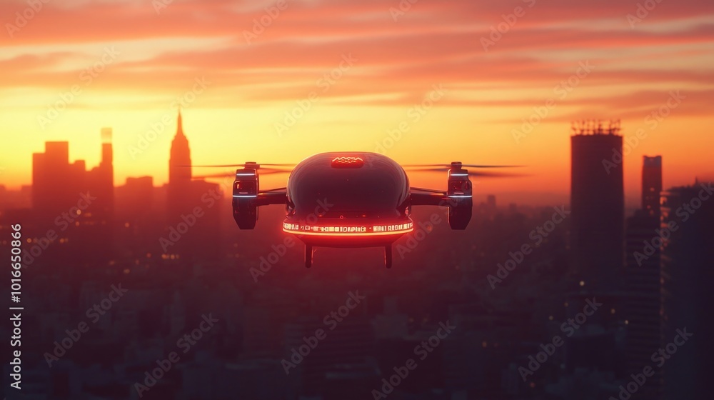 Obraz premium Aerial view of a city with a flying object in the sky, suitable for illustrations about transportation and urban planning.