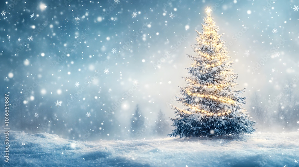 Illuminated Christmas Tree in a Snowy Winter Wonderland Illuminated Christmas Tree in a Snowy Winter Wonderland