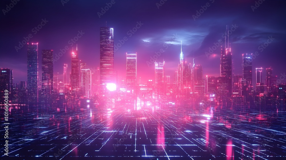 Vibrant Cityscape with Neon Grids and Futuristic Architecture Futuristic digital backdrop with glowing towers 3D grids and a vibrant night skyline perfect for gaming tech or sci fi themes Vibrant Cityscape with Neon Grids and Futuristic Architecture Futuristic digital backdrop with glowing towers 3D grids and a vibrant night skyline perfect for gaming tech or sci fi themes