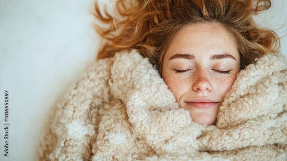 This image portrays a serene woman enveloped in a plush blanket, embodying peace and contentment as she enjoys a quiet moment, illustrating pure relaxation and warmth. This image portrays a serene woman enveloped in a plush blanket, embodying peace and contentment as she enjoys a quiet moment, illustrating pure relaxation and warmth.