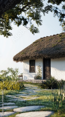 A serene cottage surrounded by lush greenery, featuring a thatched roof and stone pathway, perfect for a peaceful retreat.