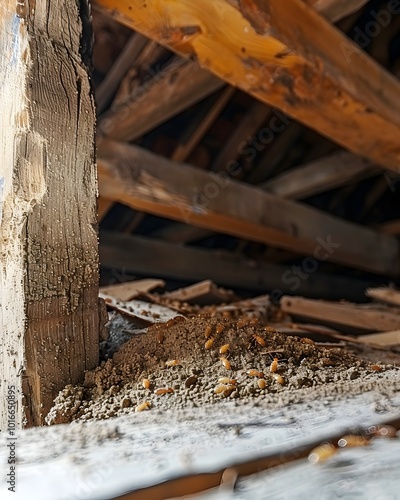 Termite Colony Eating Away at Wooden Beams in Old Abandoned House with Sawdust Piling Up on the Floor