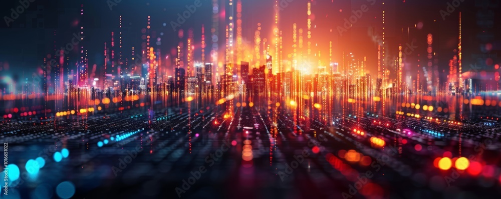 Obraz premium Mitigating Risks in Modern Business: Abstract Digital Cityscape Representing Data Security and Risk Management