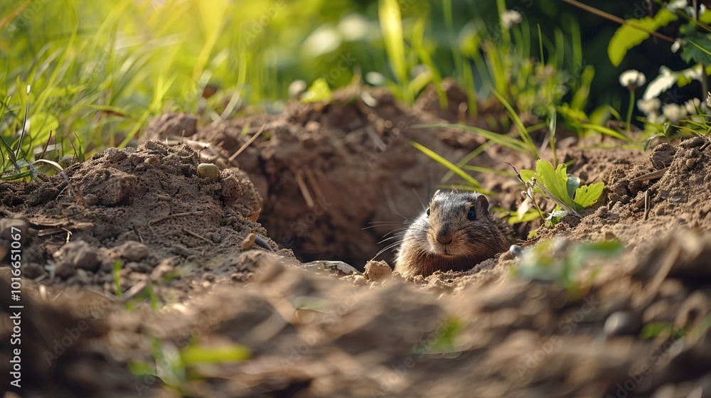 Gopher Digging Intricate Network of Tunnels Under Garden Mounds of Dirt Visible on Surface Gopher Digging Intricate Network of Tunnels Under Garden Mounds of Dirt Visible on Surface