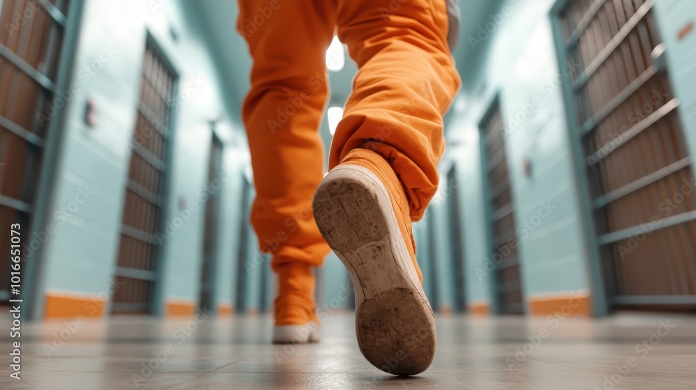 In a clean and well-lit corridor, a person in orange pants and sneakers walks, capturing a sense of purpose and movement in a structured and organized environment. In a clean and well-lit corridor, a person in orange pants and sneakers walks, capturing a sense of purpose and movement in a structured and organized environment.