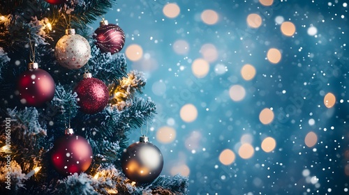 Close-up of a Christmas Tree with Ornaments and Lights Against a Snowy Blue Background