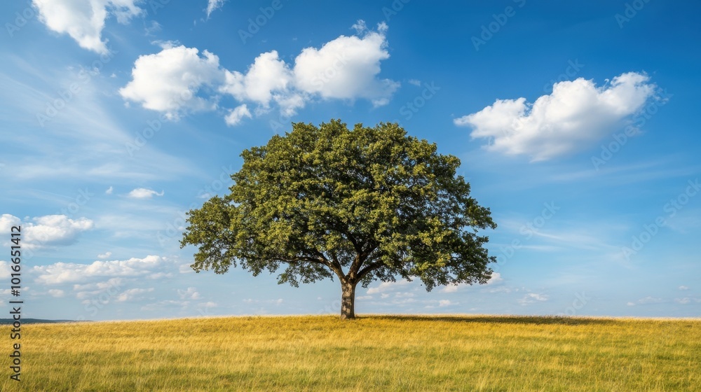 A solitary oak tree with a sprawling canopy, standing strong against a blue sky, symbolizing resilience and timeless beauty in nature A solitary oak tree with a sprawling canopy, standing strong against a blue sky, symbolizing resilience and timeless beauty in nature