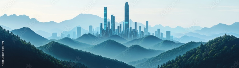 A serene landscape showcasing a blend of mountains and a distant city skyline under soft, misty light. Perfect for nature and urban themes. A serene landscape showcasing a blend of mountains and a distant city skyline under soft, misty light. Perfect for nature and urban themes.