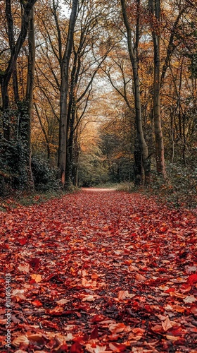 A serene forest path covered in vibrant red and orange leaves, showcasing the beauty of autumn nature.