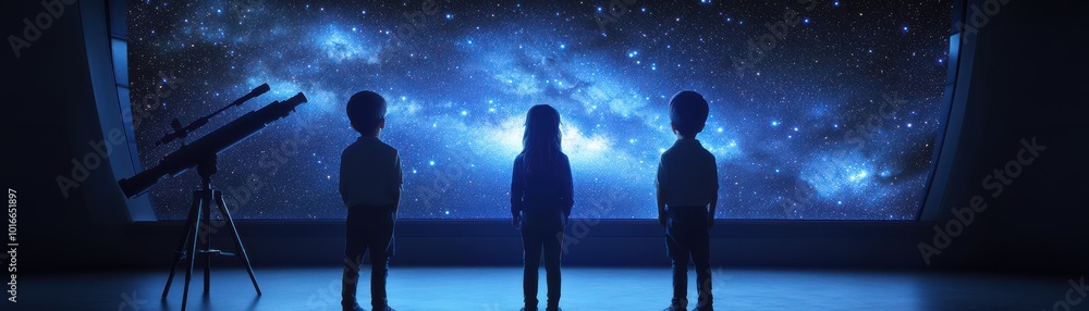 Three silhouettes gazing at a mesmerizing galaxy view through a telescope, igniting wonder and curiosity about space. Three silhouettes gazing at a mesmerizing galaxy view through a telescope, igniting wonder and curiosity about space.