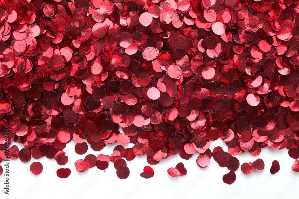 A stack of bright red confetti resting on a clean white background, ready to be used for celebrations and parties. A stack of bright red confetti resting on a clean white background, ready to be used for celebrations and parties.