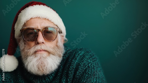 Older man with white beard wears sunglasses and Santa hat over a green sweater, creating a festive vibe against a green background, looking thoughtful. photo