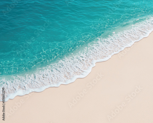 A serene beach with clear turquoise water meeting soft sandy shore.