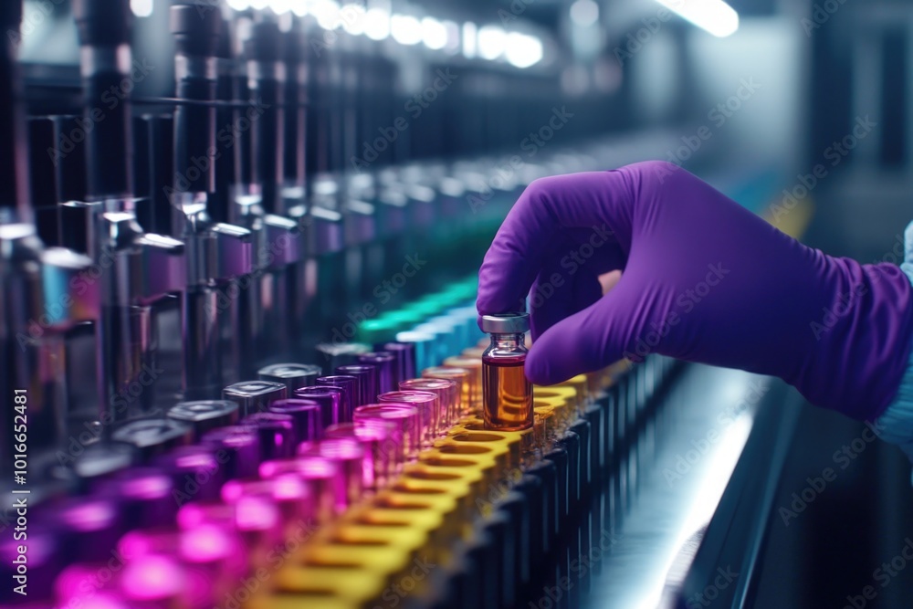 A person holds a small vial while wearing a purple glove, suitable for medical or scientific illustration. A person holds a small vial while wearing a purple glove, suitable for medical or scientific illustration.