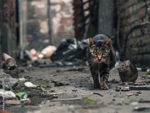 Stray Cat Stalking Rat in Gritty Urban Alley Poised to Pounce with Tense Atmosphere photo