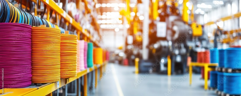 Naklejka premium Vibrant spools of thread arranged on shelves in a factory, showcasing a colorful inventory in a bright, well-lit workspace.