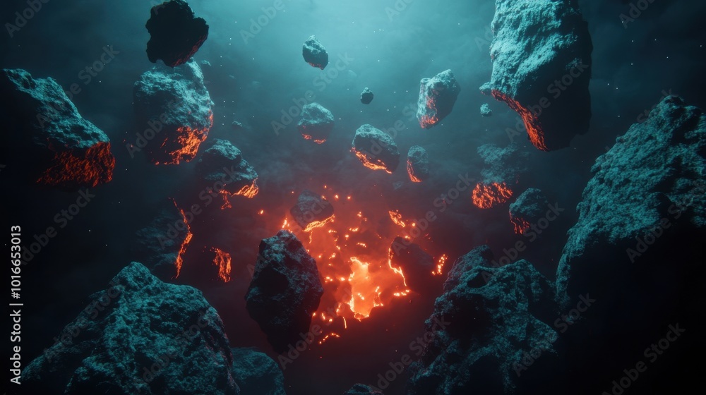 Fototapeta premium A stunning asteroid belt filled with glowing rocks and dust, floating in the deep void of space, ideal for a sci-fi adventure setting