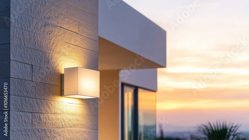 Modern wall light fixture illuminating a stylish exterior at sunset, creating a warm and inviting atmosphere.