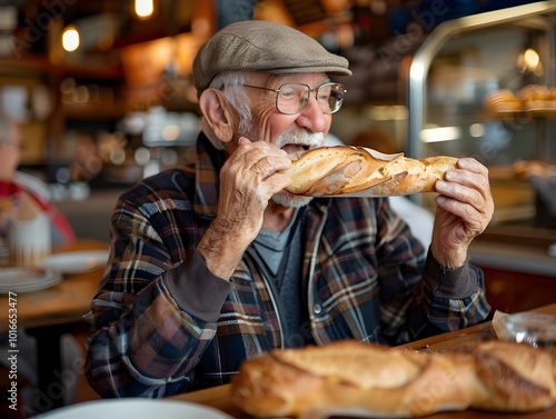 Fototapeta Naklejka Na Ścianę i Meble -  Elderly Man Savoring Freshly Baked Baguette at French Cafe Aroma of Coffee and Pastries Filling the Air