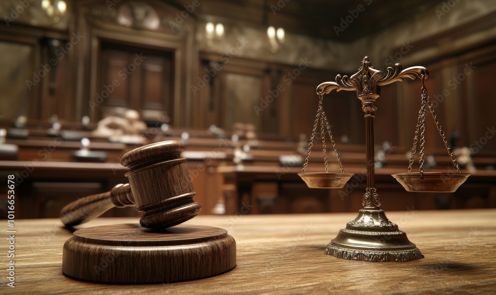 A wooden gavel and scales of justice on a courtroom table. A wooden gavel and scales of justice on a courtroom table.