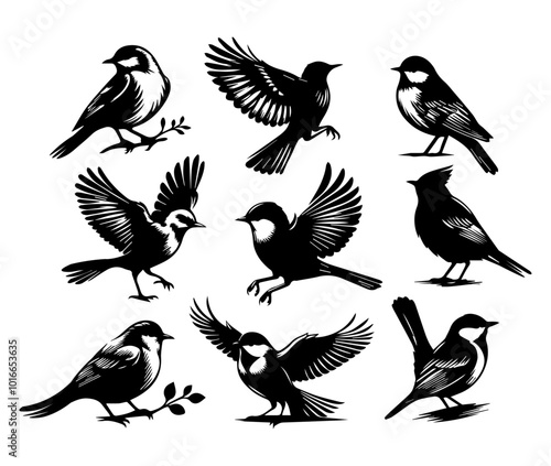 set of silhouettes of birds