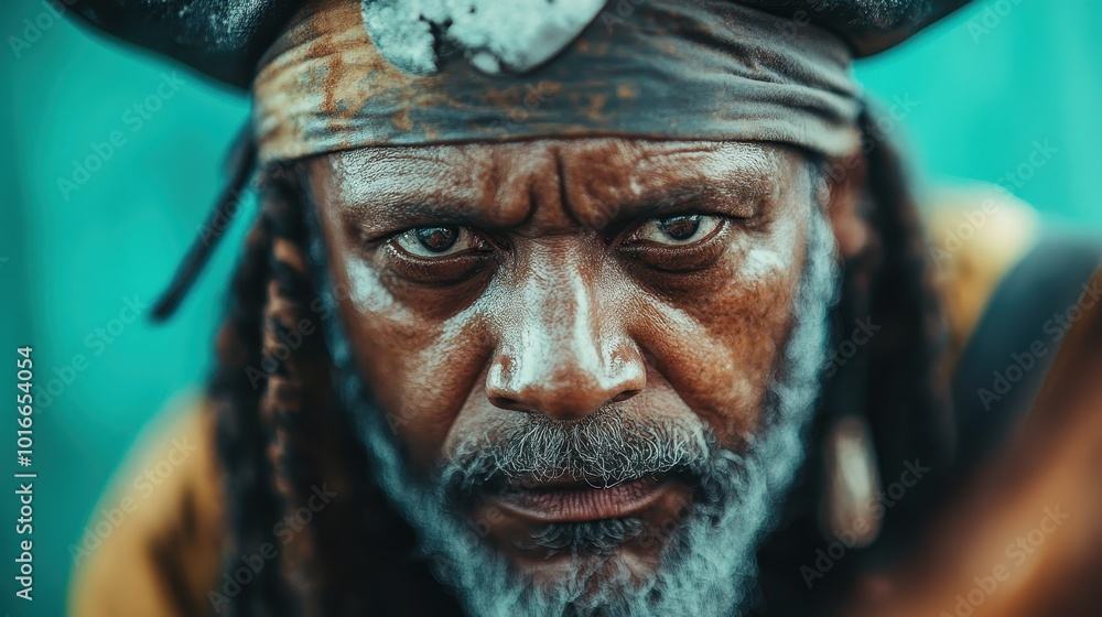 A close-up of a pirate with intense eyes and a fierce expression, showcasing traditional pirate attire, evoking themes of adventure and defiance. A close-up of a pirate with intense eyes and a fierce expression, showcasing traditional pirate attire, evoking themes of adventure and defiance.