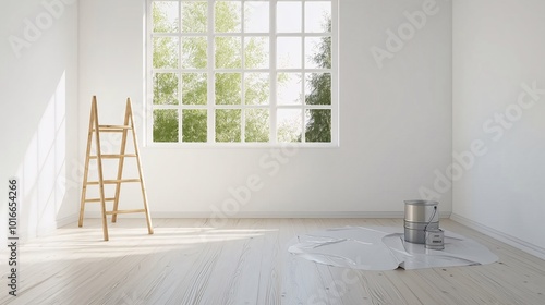 Bright Empty Room with Ladder and Paint Supplies photo