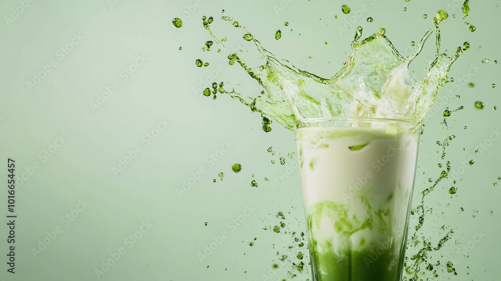 Iced matcha splashing isolated on a light green background Iced matcha splashing isolated on a light green background
