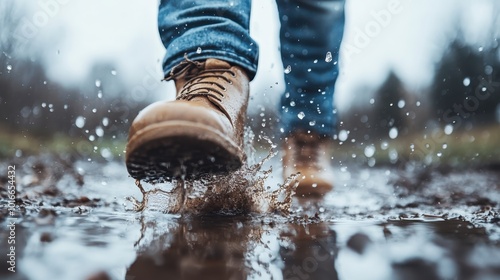 A determined hiker strides through a muddy forest trail, their boots splashing in a puddle, embodying the spirit of adventure and exploration in nature's beauty.