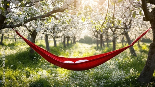 A sunny day in a blooming apple orchard with a red hammock invitingly placed between the trees, perfect for relaxation and rural escape
