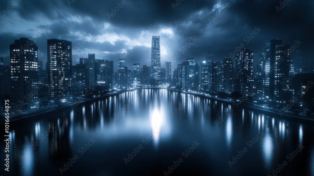Obraz premium Stunning nighttime cityscape featuring illuminated skyscrapers reflecting on a serene river under moody clouds.
