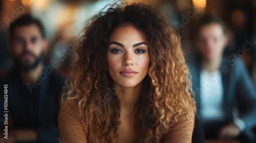 A confident woman with curly hair sits in a casual setting, exuding calm and assurance, surrounded by blurred figures in the background during the daytime.