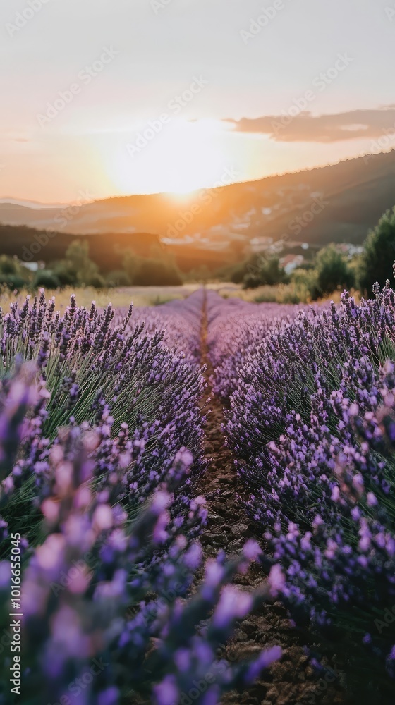 Fototapeta premium A serene lavender field at sunset, showcasing vibrant purple flowers under a golden sky. Perfect for relaxation and nature-themed projects.