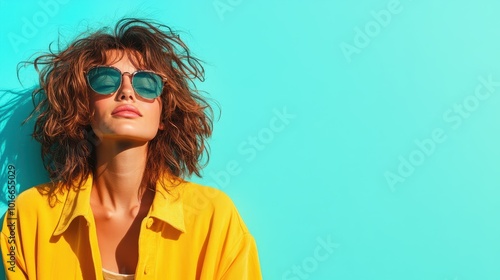 A woman wearing sunglasses and a bright yellow shirt stands confidently against a pastel blue wall, embodying modern style and bold fashion in vibrant colors.