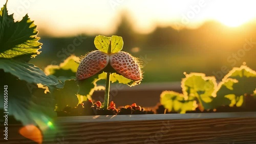 Discoversunny closeup ofstrawberry bush inhigh wooden bed leaves daughter plants beauty home gardening althy green practices 4K strawberry plant background leaf shoot moustache pattern cultivation photo