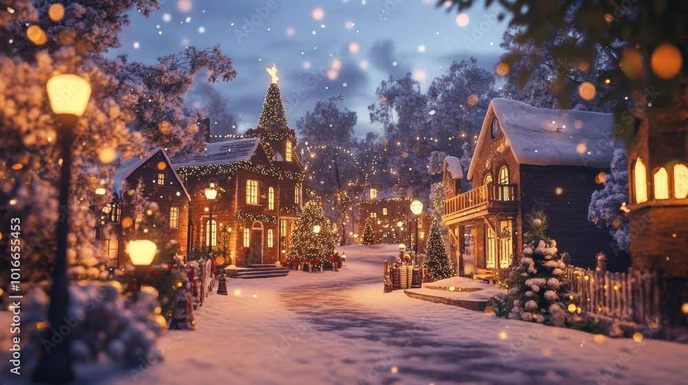 Fototapeta premium Vintage Christmas Village with Snow Decorated Trees in Evening Light