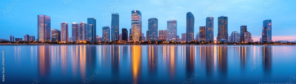 Fototapeta premium A stunning panoramic cityscape featuring modern skyscrapers reflected in calm water during twilight.