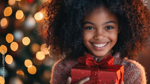 Portrait of Smiling Young Girl with Christmas Lights in Background