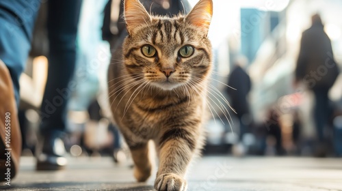 A striped cat strides with confidence down a bustling city street, embodying the elegance and independence of feline life amidst urban vibrancy and movement. photo