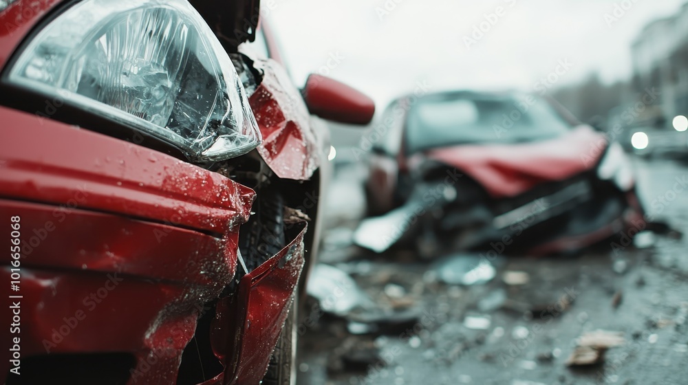 This image displays the aftermath of a collision, focusing on a red car with a severely damaged front end, highlighting the dangers of road travel and crashes. This image displays the aftermath of a collision, focusing on a red car with a severely damaged front end, highlighting the dangers of road travel and crashes.