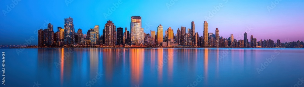 Fototapeta premium Stunning city skyline at twilight, reflecting beautifully on water, showcasing modern architecture and vibrant lights.