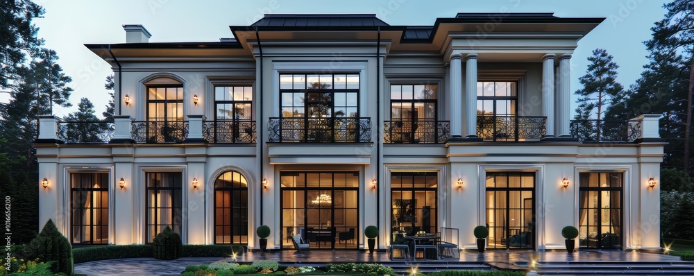 Luxurious Modern Mansion with Elegant Architecture and Beautiful Landscaping in a Serene Forest Setting Luxurious Modern Mansion with Elegant Architecture and Beautiful Landscaping in a Serene Forest Setting