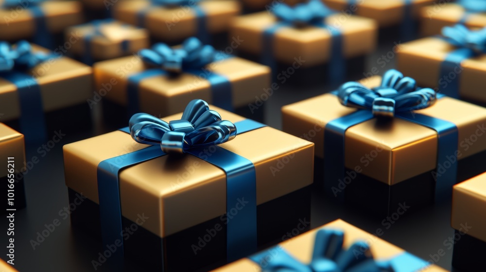 Row of Gold Black Gift Boxes with Blue Ribbons on Dark Background Row of Gold Black Gift Boxes with Blue Ribbons on Dark Background