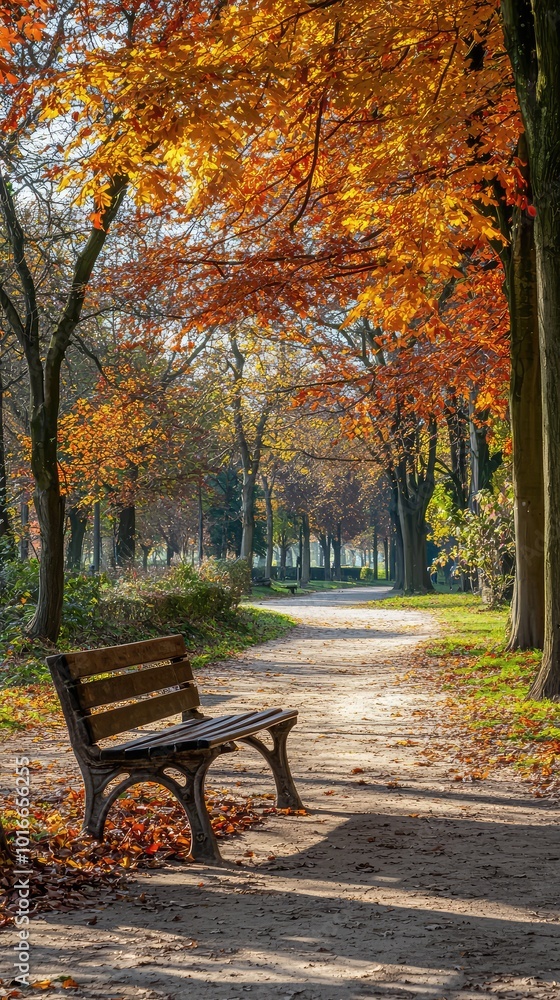 A serene park pathway lined with colorful autumn leaves and a wooden bench inviting relaxation amidst nature's beauty. A serene park pathway lined with colorful autumn leaves and a wooden bench inviting relaxation amidst nature's beauty.