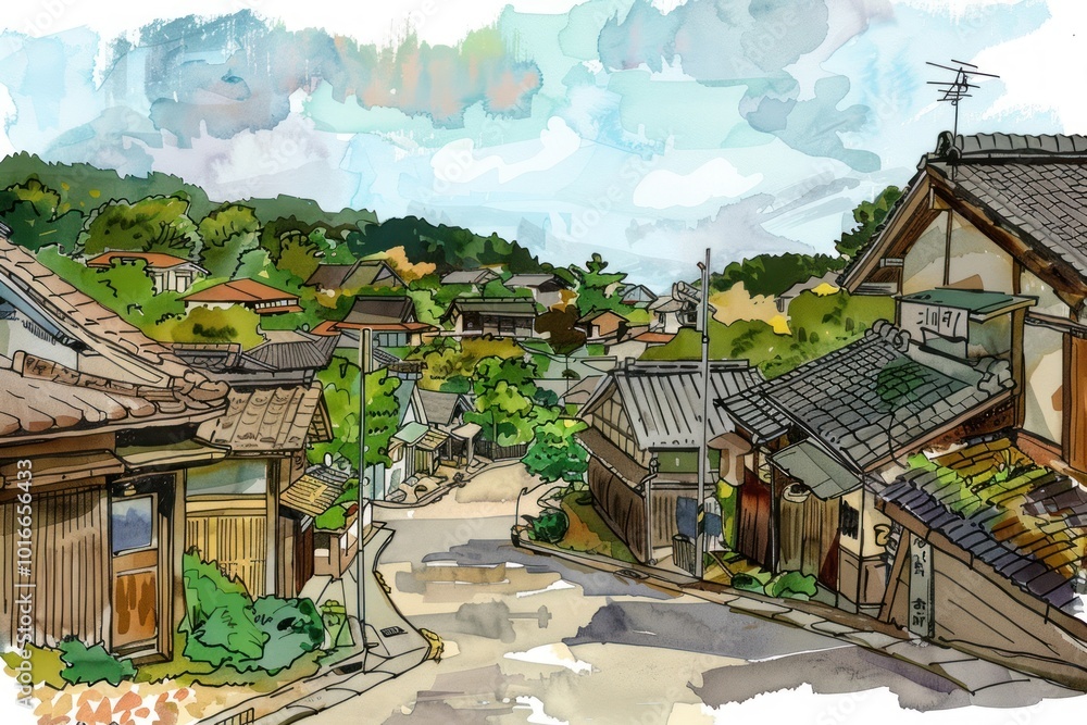 Obraz premium Village in Japan in style pen neighborhood architecture countryside.